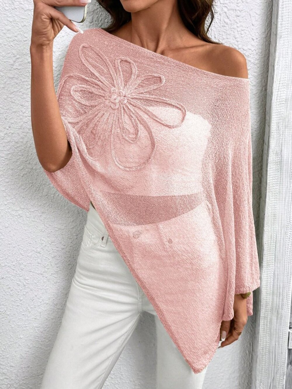 Pink Casual Women's Plus Size Asymmetric Design Poncho-Style Knit Top